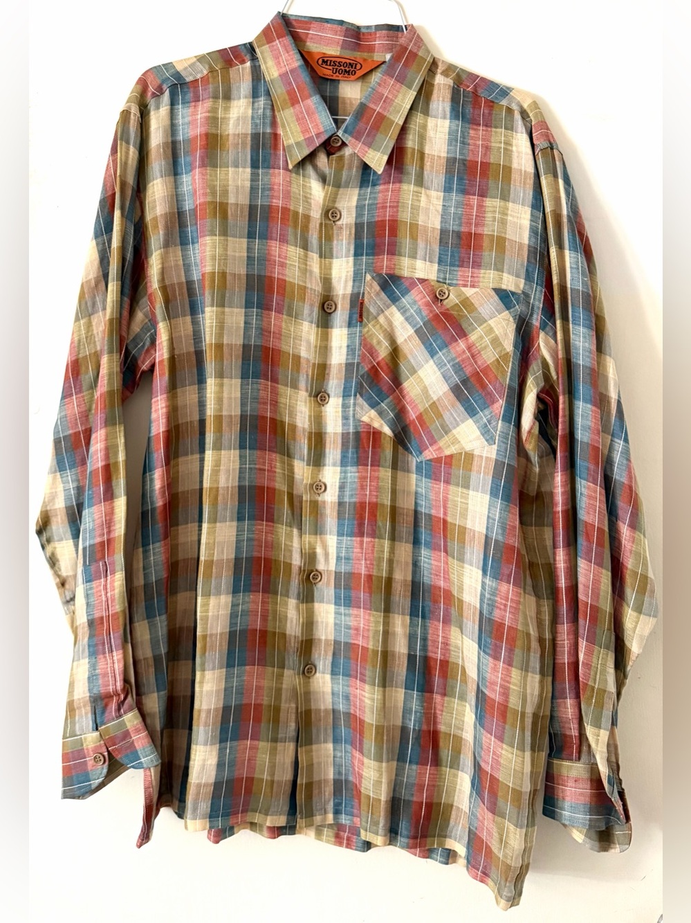Vintage Missoni UOMO MENS M Multicolor Plaid Cotton Linen Shirt LIKE NEW